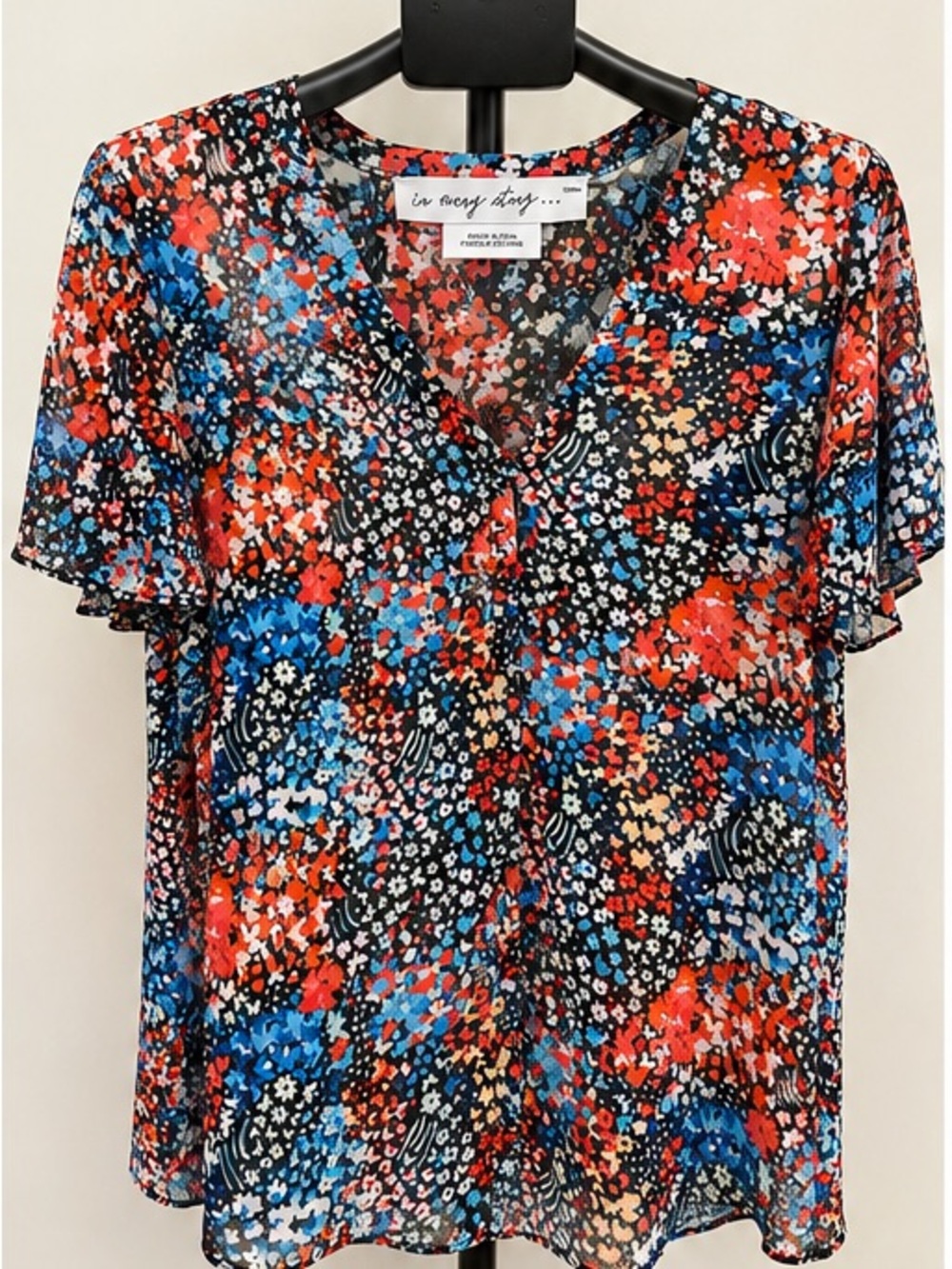 Floral V-Neck Flutter Sleeve Top — Multicolor button up